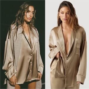 JOAH BROWN Oversized Silk Button Down Shirt in Fawn S/M